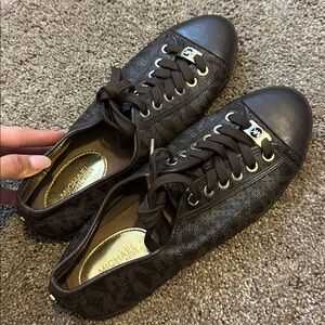Michael Kors Dark Brown Monogram Sneakers with Gold Accents